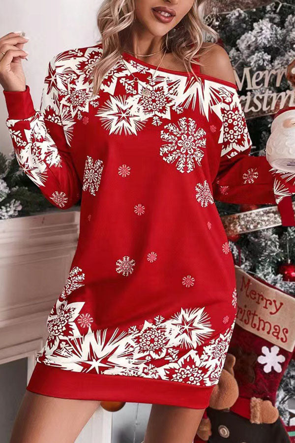 Drune | Weihnachts-Schneeflocke Kalt-Schulter Lockeres Sweatshirt Mini Kleid