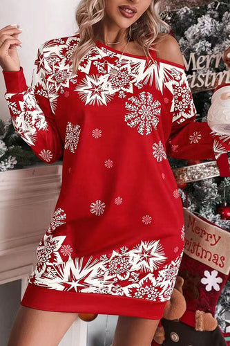 Drune | Weihnachts-Schneeflocke Kalt-Schulter Lockeres Sweatshirt Mini Kleid