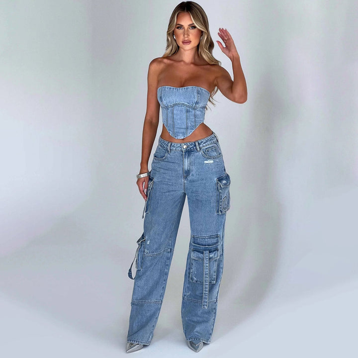 Drune | Denim-Anzüge Sommer Sexy Rückenausschnitt Tube Top und Mehrfach-Taschen Gerade Hosen Mode Lange Hosen Anzug Damenbekleidung