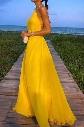 Drune | Sunny In Santorini Ketten-Halter Rückenfreies A-Linie Urlaub Maxi Kleid