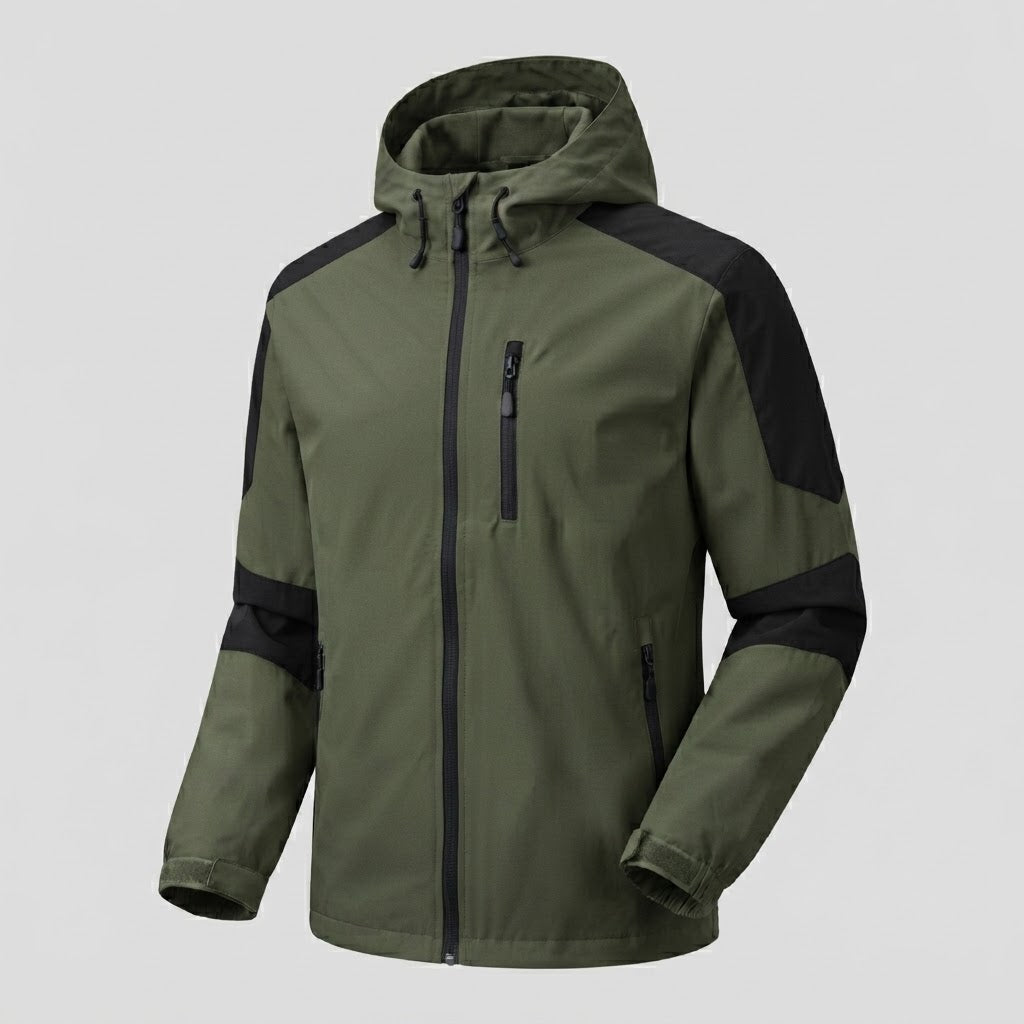 Leichte wasserabweisende Kapuzen-Softshelljacke für Herren mit Kontraststreifen und Brustreißverschluss drune