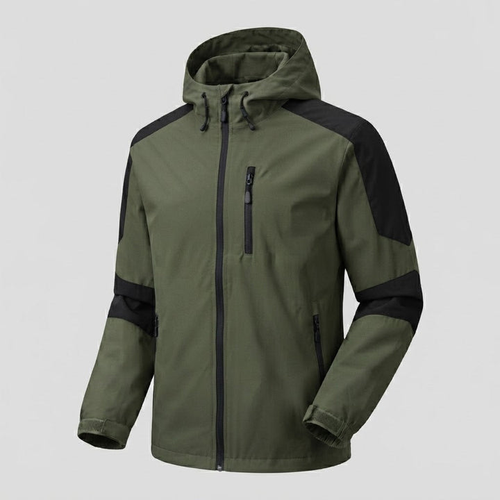 Leichte wasserabweisende Kapuzen-Softshelljacke für Herren mit Kontraststreifen und Brustreißverschluss drune