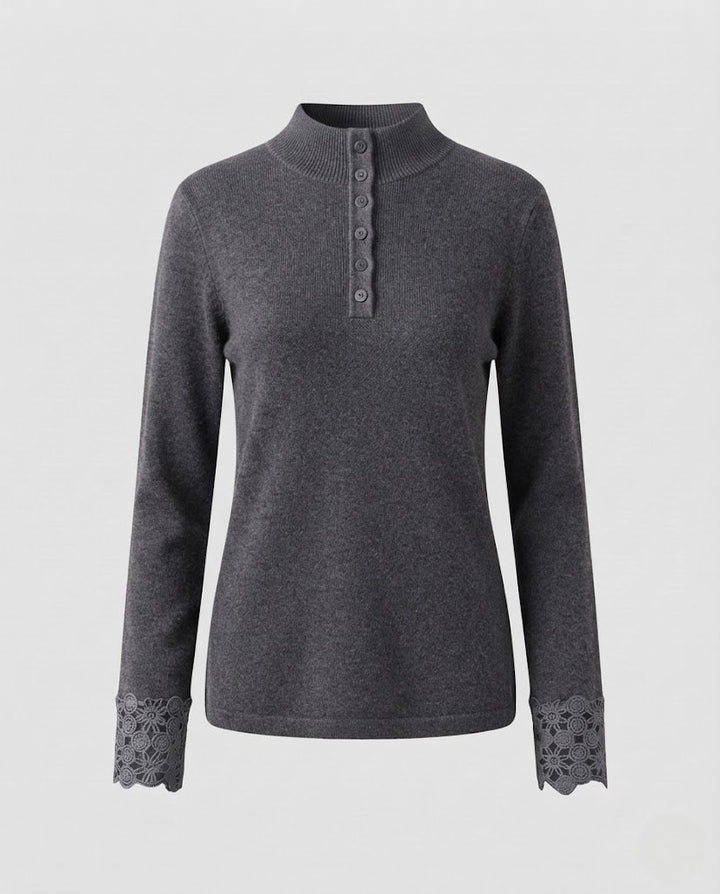 Damen Feiner Stehkragenpullover mit dekorativer Knopfleiste und Spitzenmanschetten Drune