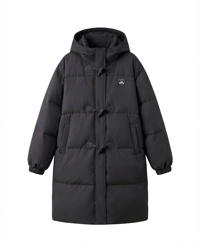 Damen langgeschnittene thermische Pufferjacke mit minimalistischer Knopfleiste, ergonomischem Stehkragen und geräumigen Seitentaschen