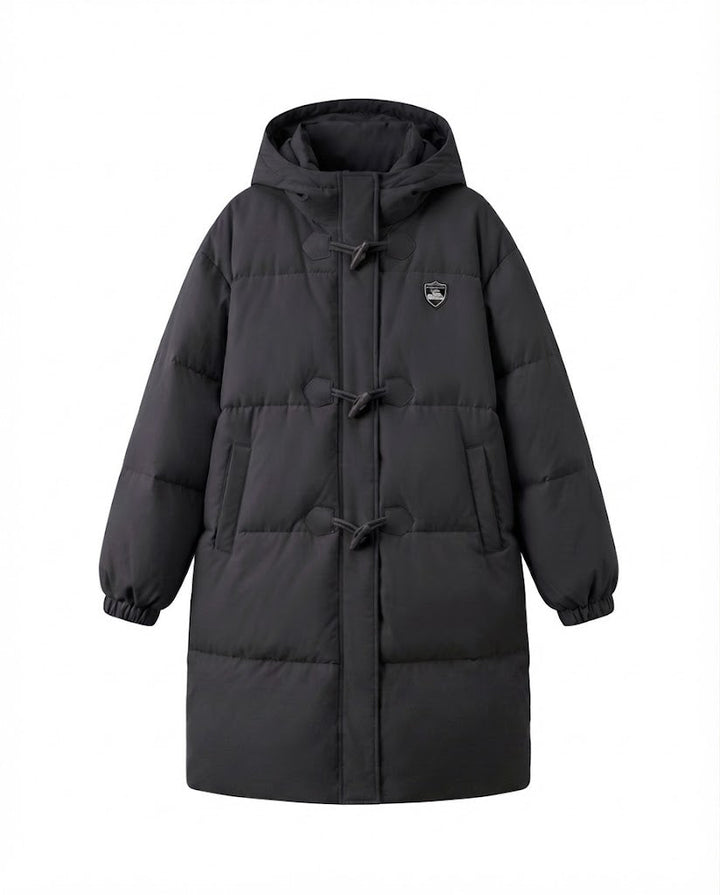 Damen langgeschnittene thermische Pufferjacke mit minimalistischer Knopfleiste, ergonomischem Stehkragen und geräumigen Seitentaschen
