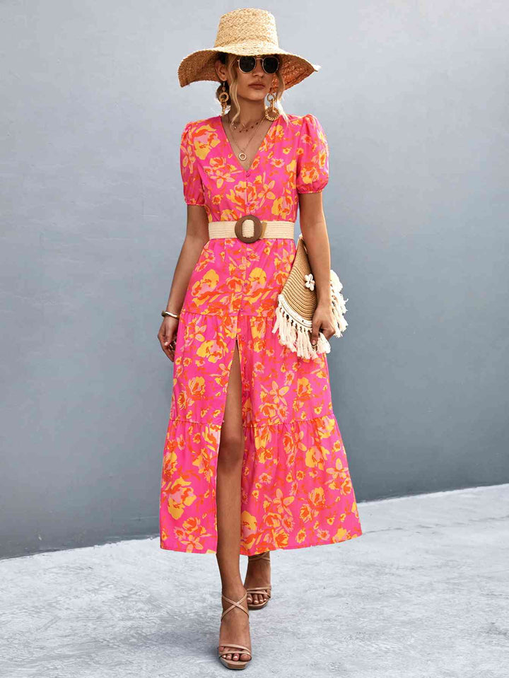 Drune | V-Ausschnitt Kurzarm Hohe Schlitz Midi Kleid