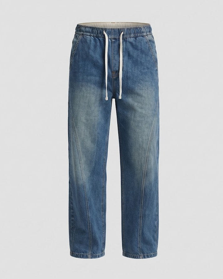 Herren Weite Denim-Palazzohose mit geschwungenen Seitennähten und Used-Wash Drune