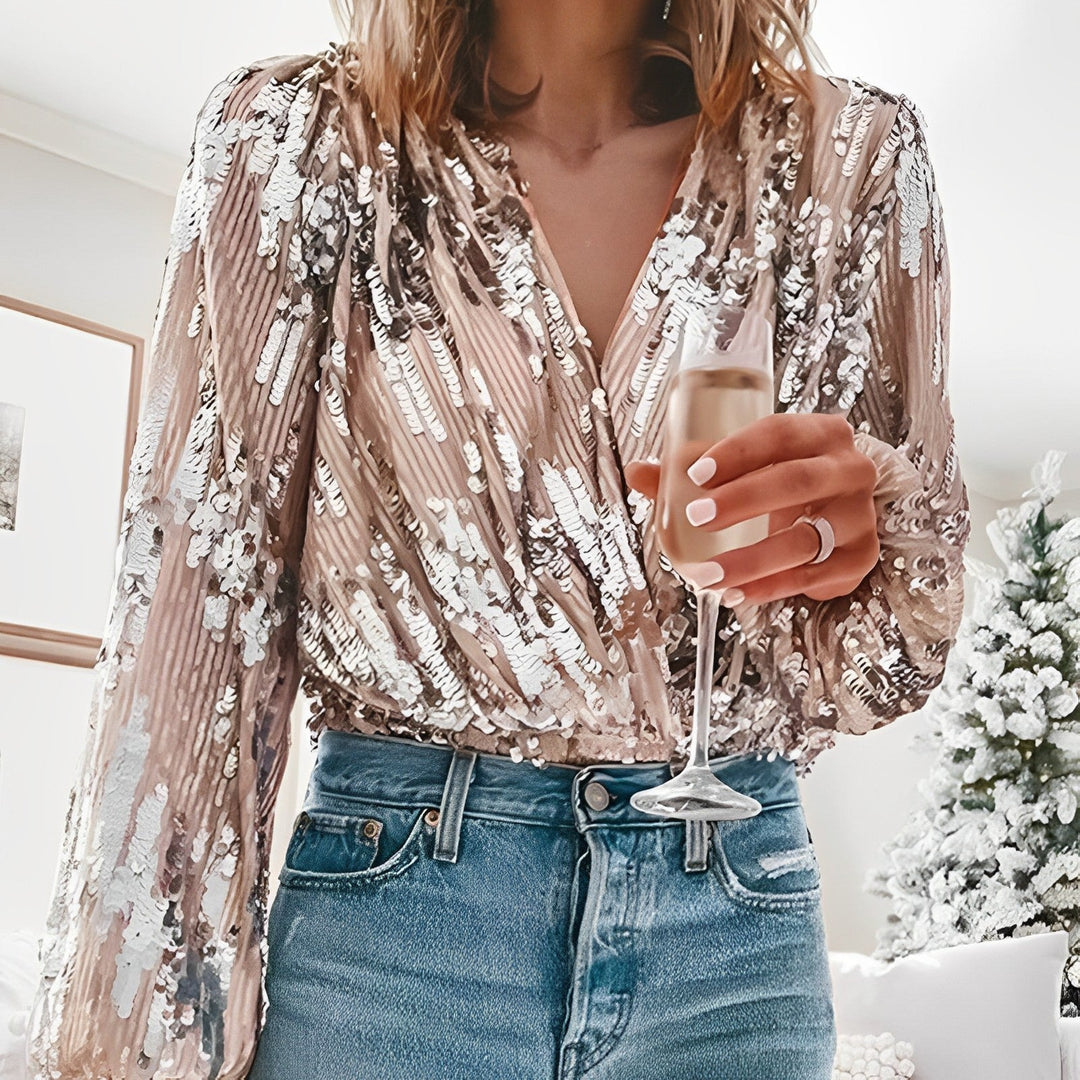 Drune | Gala Bluse mit Paillettenfalten und V-Ausschnitt