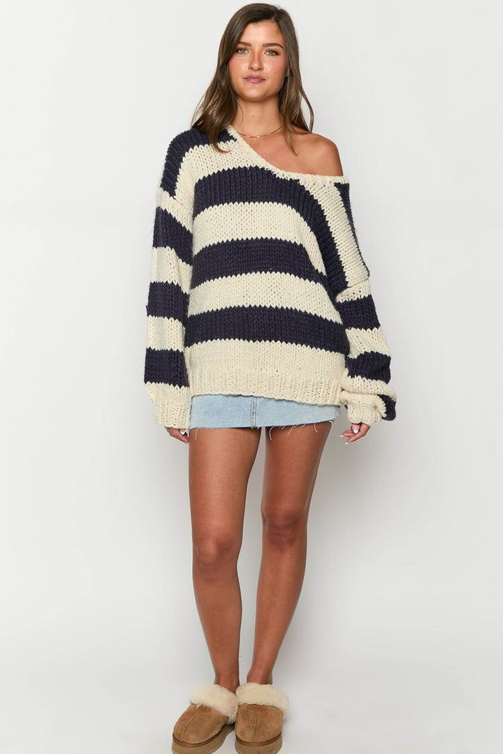 Drune | Cozy off-the-shoulder striped knit sweater for autumn layers