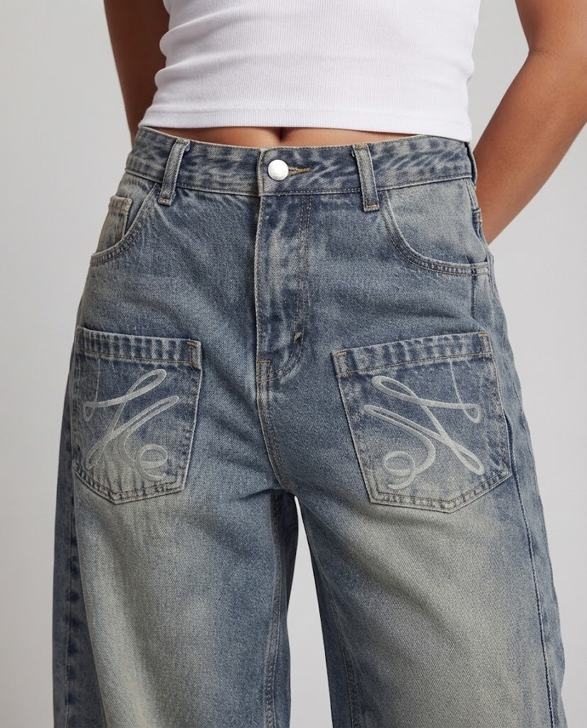 Damen Balloon-Baggy-Denim-Hose im Palazzoschnitt mit tiefem Schritt und aufgesetzten Fronttaschen Drune