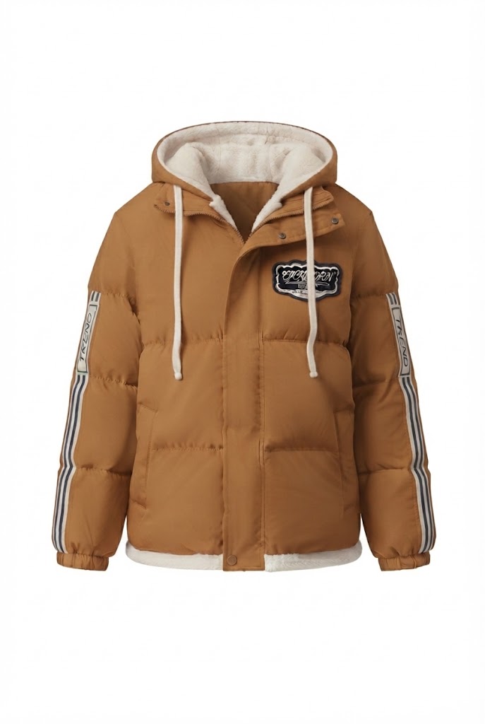 Damen trendige gesteppte Kapuzenjacke mit hochwertiger Teddy-Innenkonstruktion und sportlichen gestreiften Ärmeln