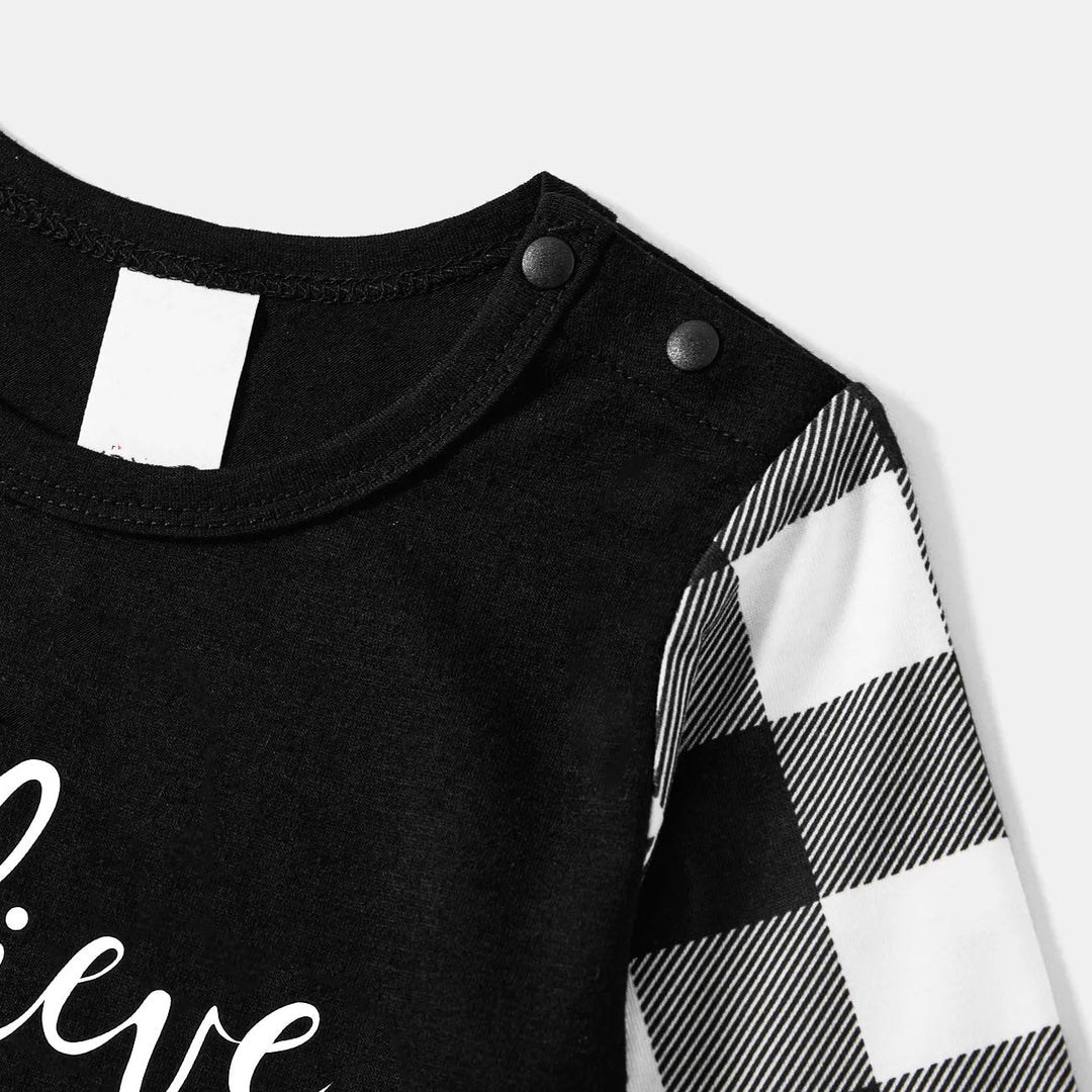 Drune | Weihnachtsmütze und 'Believe' Buchstabenprint gemustertes Schwarz-Weiß kariertes Schlafanzug-Set