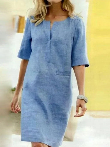 Drune | Damen Kurzarm Baumwolle und Leinen Kleid