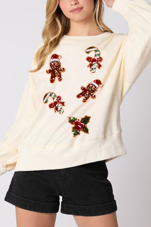 Drune | Weihnachts Lebkuchenmann Paillette Lässig Langarm Sweatshirt