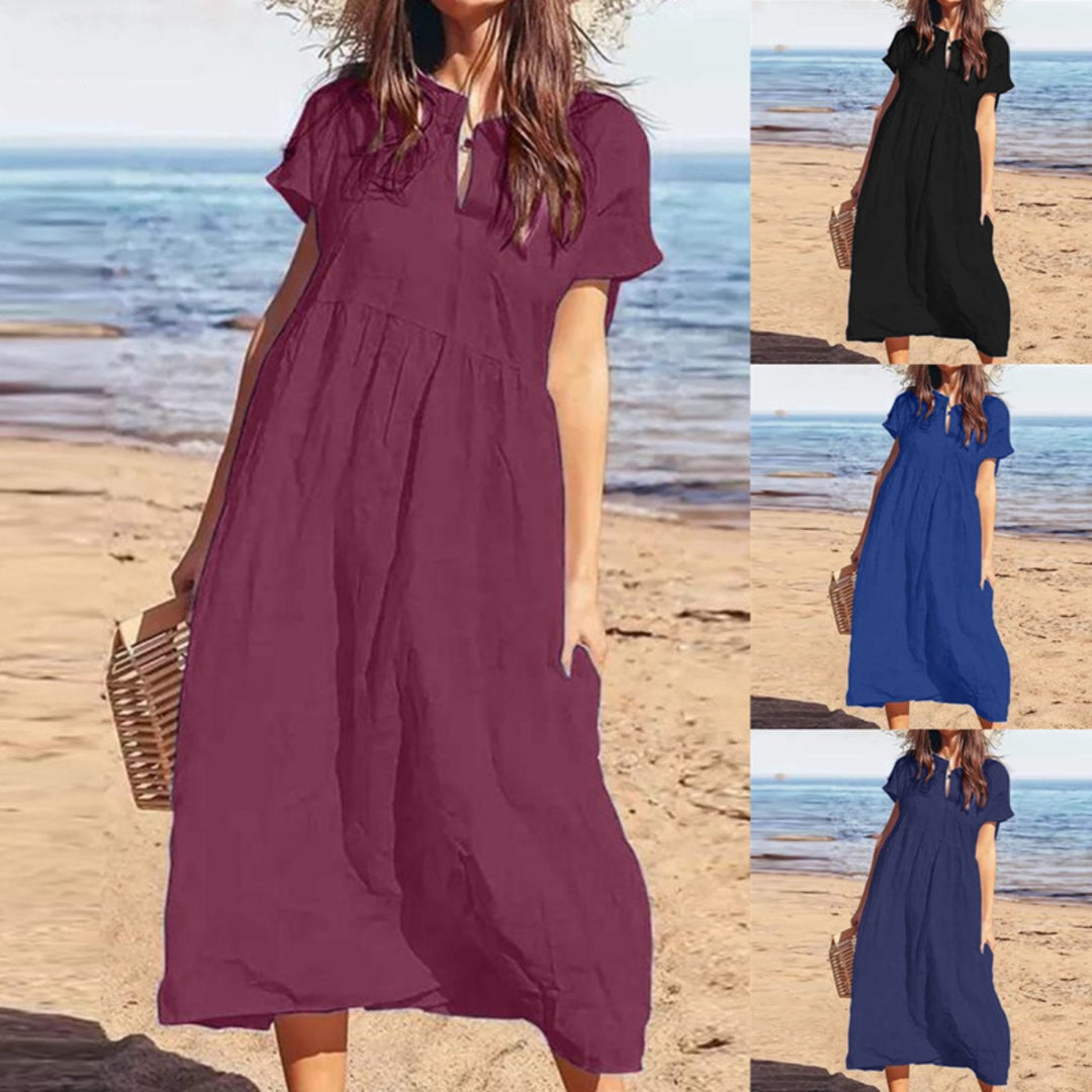 Drune | Einfarbiges kurzärmeliges Freizeitkleid mit V-Ausschnitt