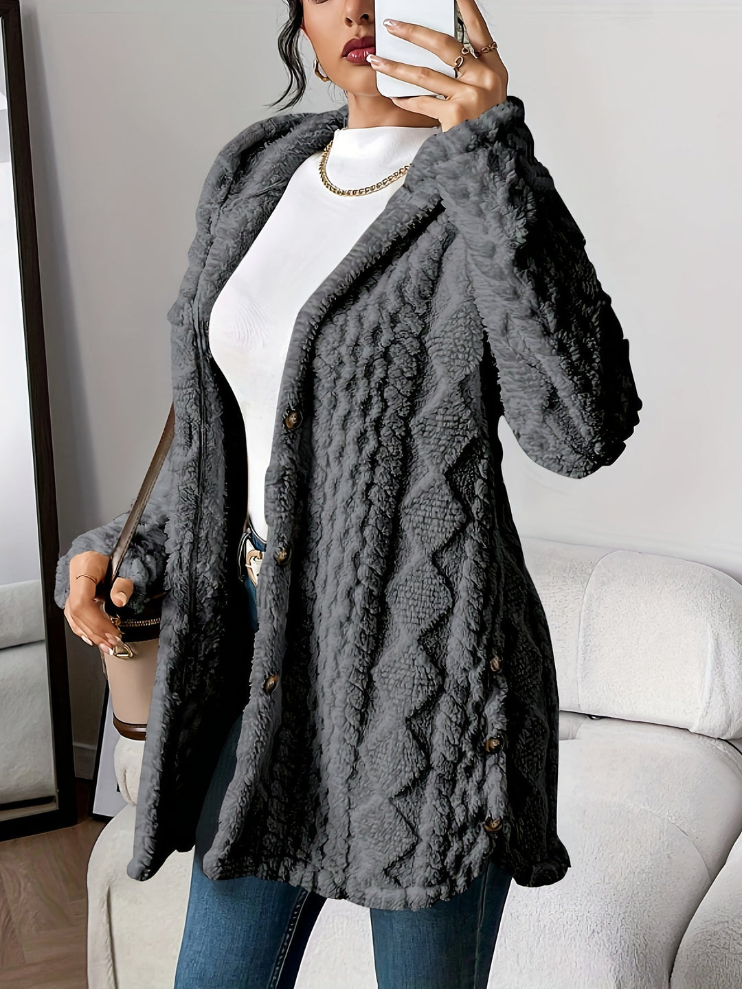 Drune | Lange Jacke mit Kapuze und Knöpfen