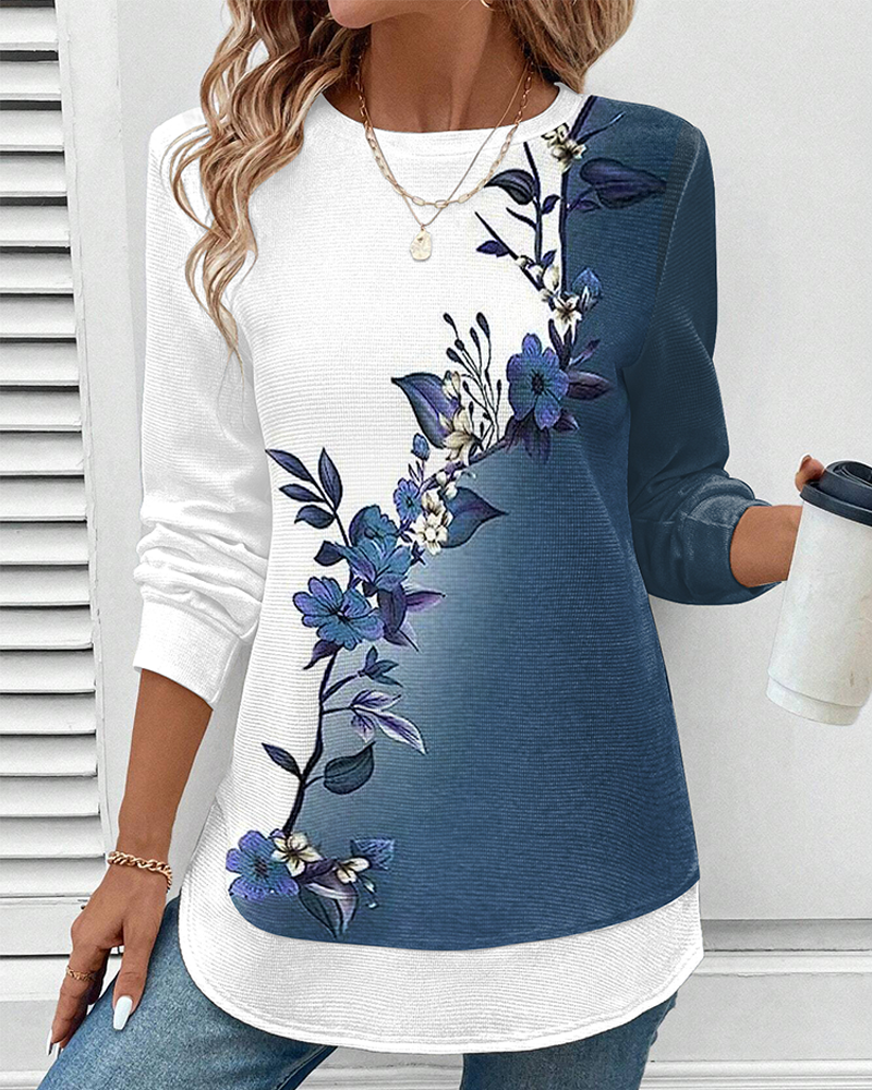 Drune | Rundhalsausschnitt Colorblock Blumenmuster