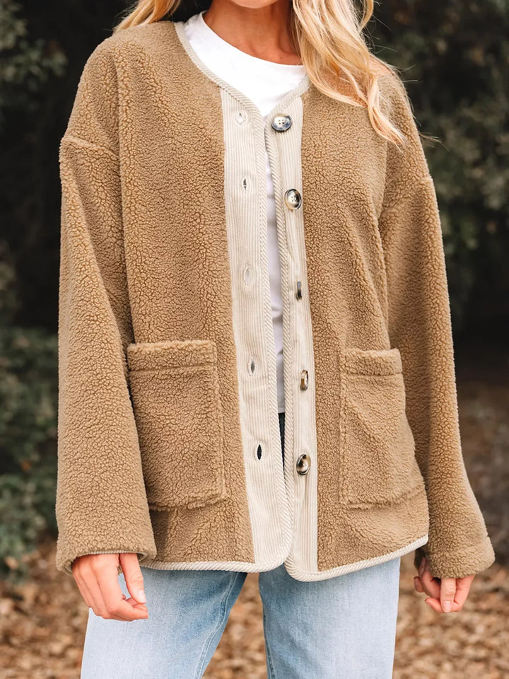 Drune | Damen Button-Front Sherpa Teddy Jacke