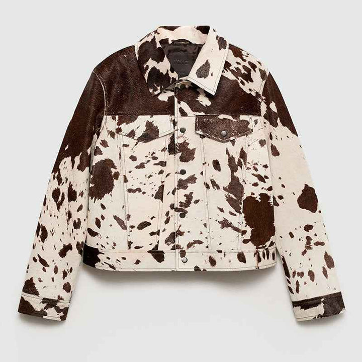 Drune | Jacket with cow print, lapel collar and stylish snap buttons