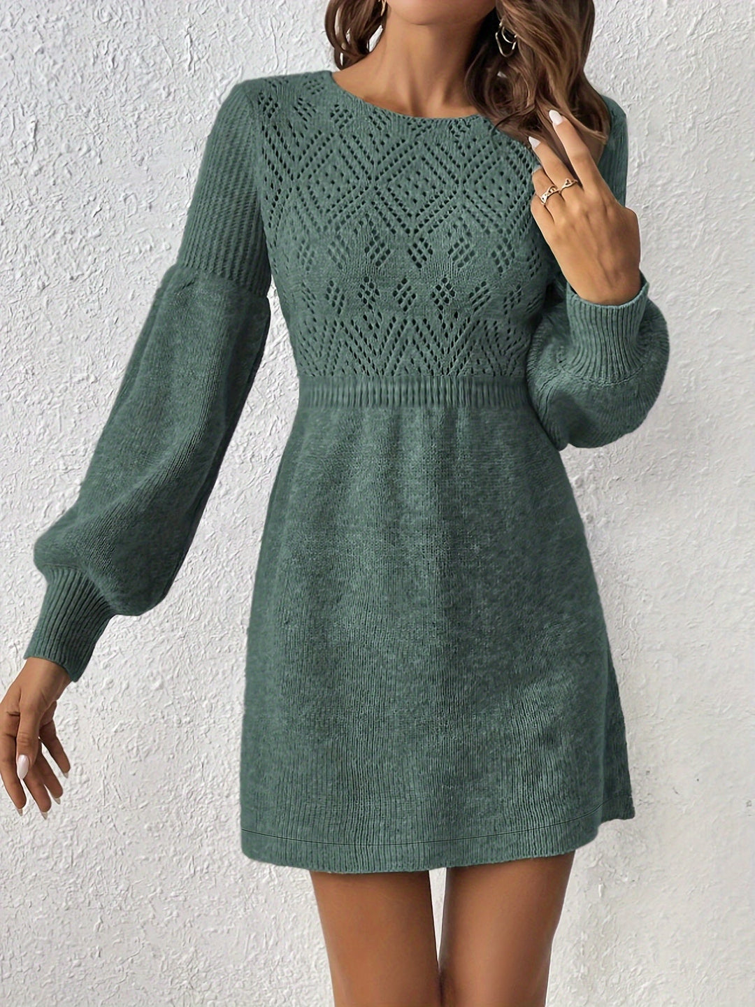 Drune | Lochstickerei Solide Farbe Strick Laternen Ärmel A-Linie Geraffte Taille Formelles Kleid Für Frauen - Ideal für formelle Anlässe