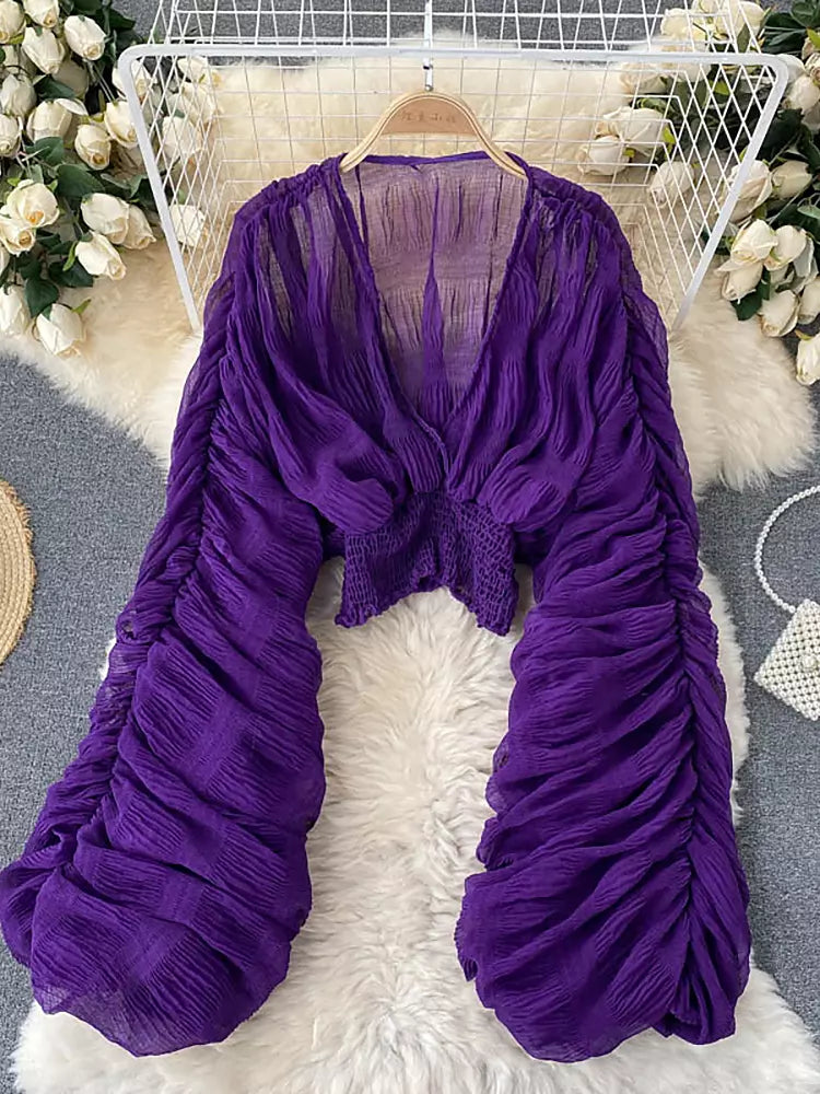 Drune | Elegantes Chiffon V-Leder Puff Lange Ärmel Kurze Tops