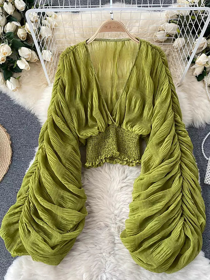 Drune | Elegantes Chiffon V-Leder Puff Lange Ärmel Kurze Tops