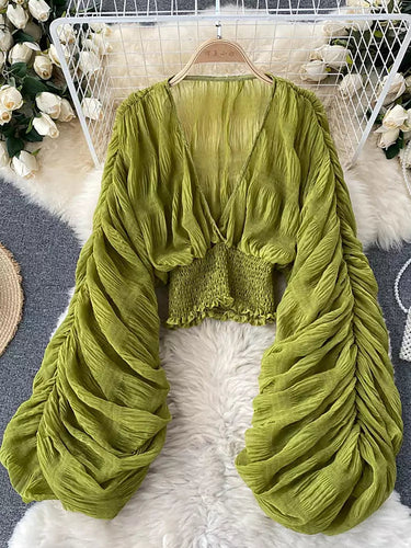 Drune | Elegantes Chiffon V-Leder Puff Lange Ärmel Kurze Tops