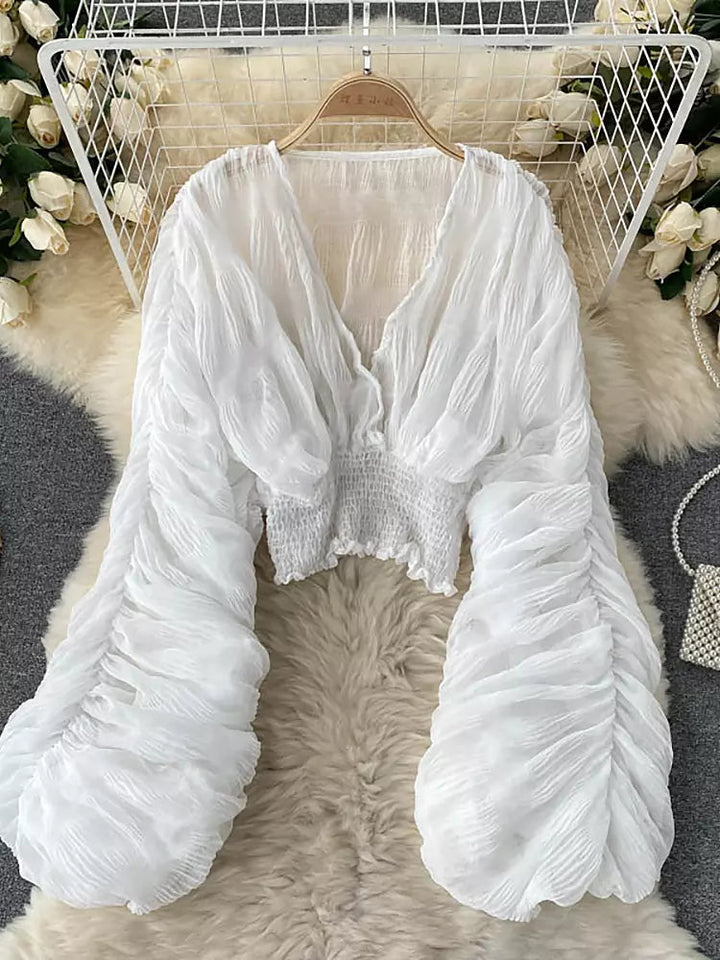 Drune | Elegantes Chiffon V-Leder Puff Lange Ärmel Kurze Tops