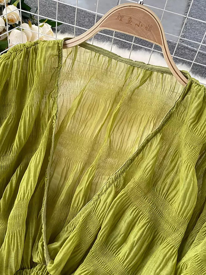 Drune | Elegantes Chiffon V-Leder Puff Lange Ärmel Kurze Tops