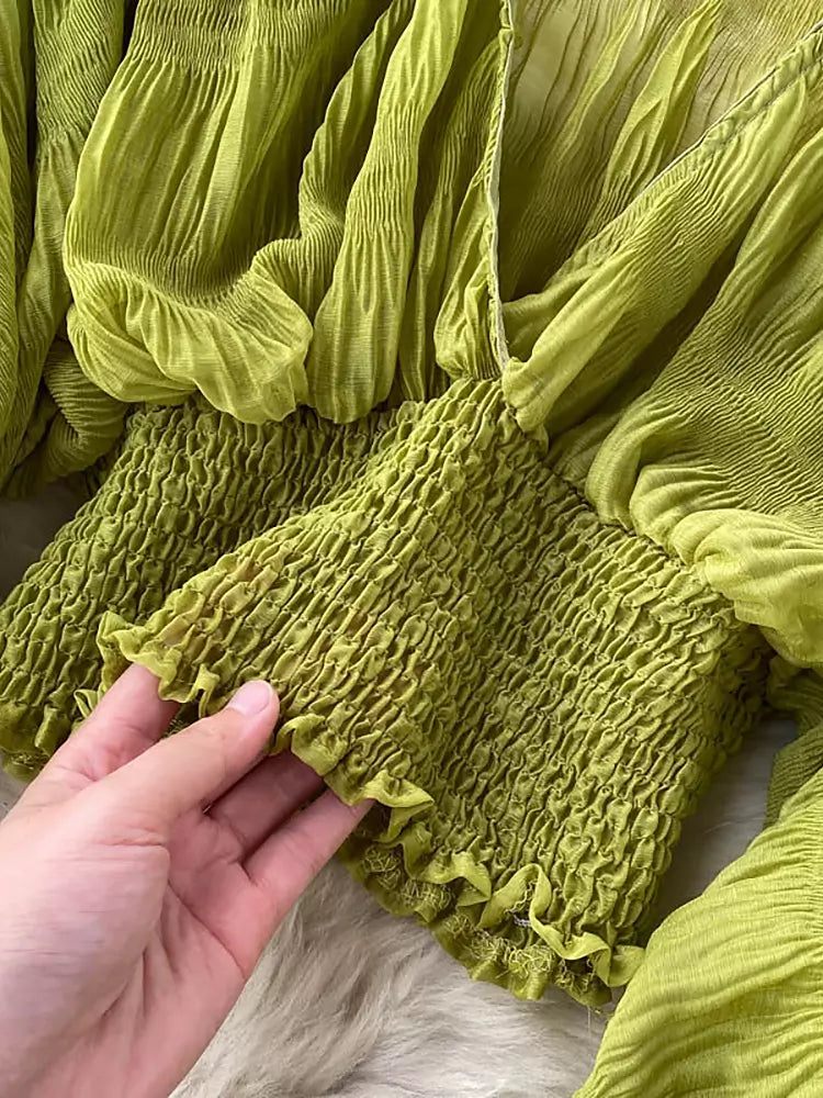 Drune | Elegantes Chiffon V-Leder Puff Lange Ärmel Kurze Tops