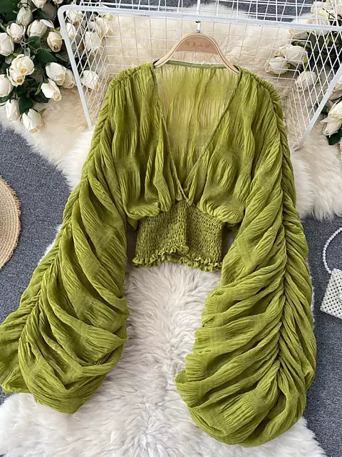 Drune | Elegantes Chiffon V-Leder Puff Lange Ärmel Kurze Tops