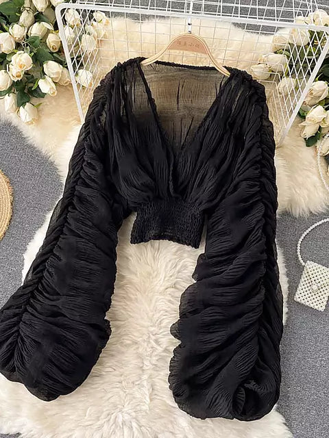 Drune | Elegantes Chiffon V-Leder Puff Lange Ärmel Kurze Tops