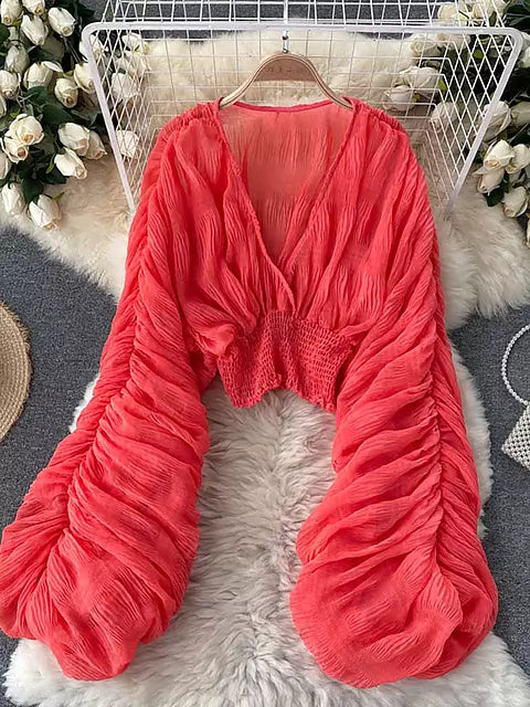 Drune | Elegantes Chiffon V-Leder Puff Lange Ärmel Kurze Tops