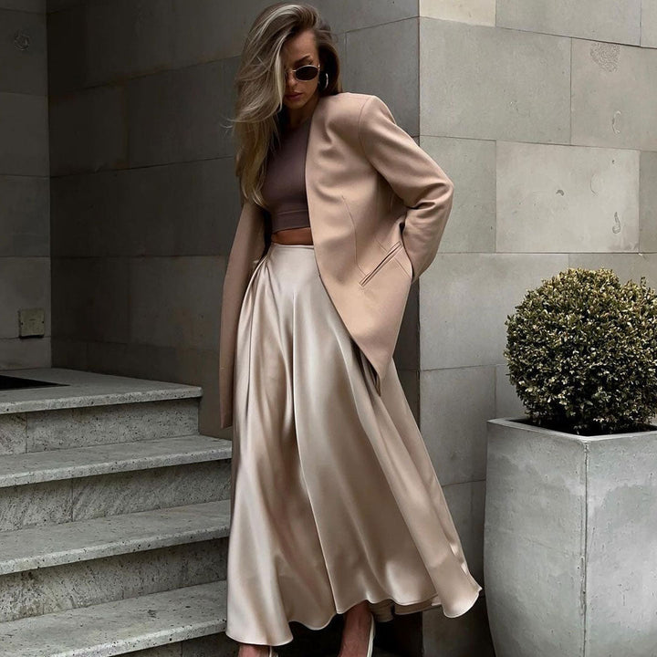 Drune | Elegante Hoch Taille Ausgestellte A-Linie Polierte Satin Falten Midi Rock