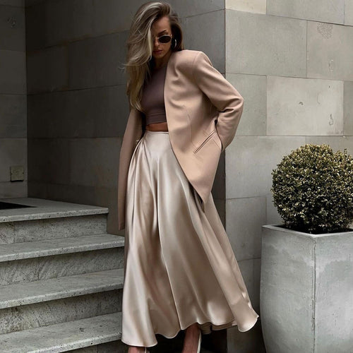 Drune | Elegante Hoch Taille Ausgestellte A-Linie Polierte Satin Falten Midi Rock