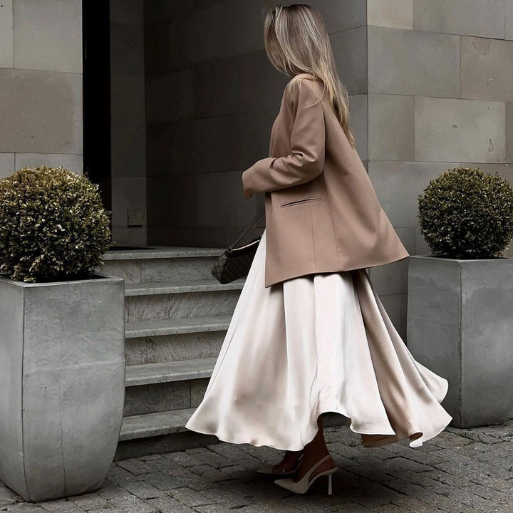 Drune | Elegante Hoch Taille Ausgestellte A-Linie Polierte Satin Falten Midi Rock