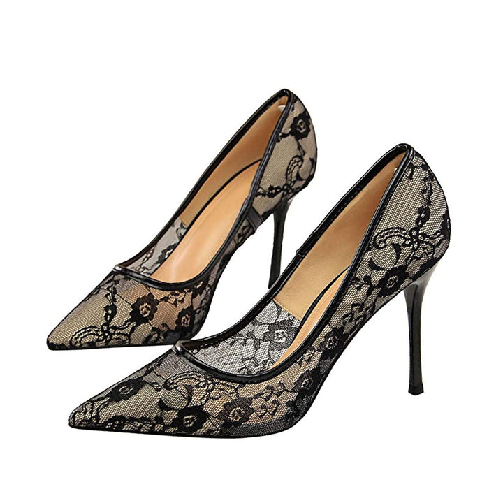 Drune | Elegante Spitz Zulaufende Blumenspitze Mesh Stiletto Absatzpumps