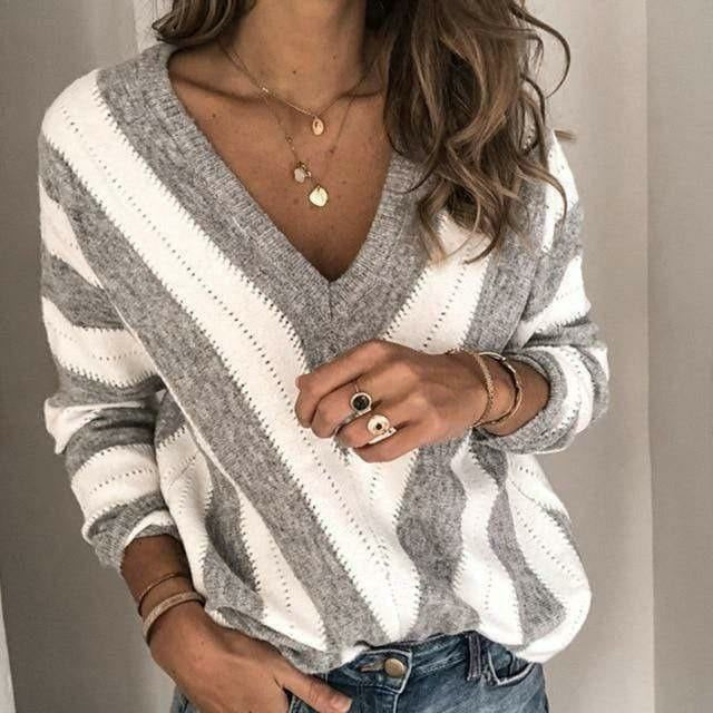 Drune | Pullover - Damen Herbst Gestreifter V-Ausschnitt Pullover