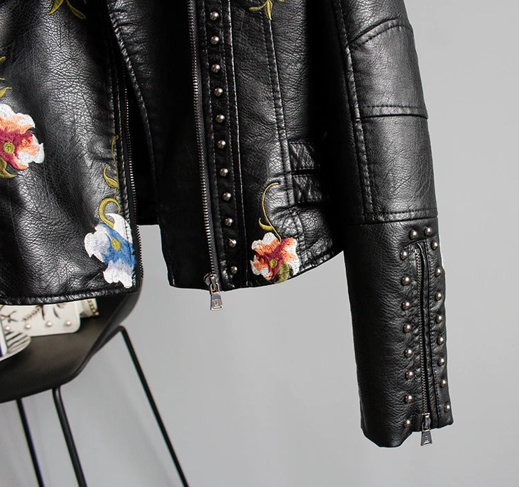 Drune | Bestickte Frauen Kunstleder Bikerjacke
