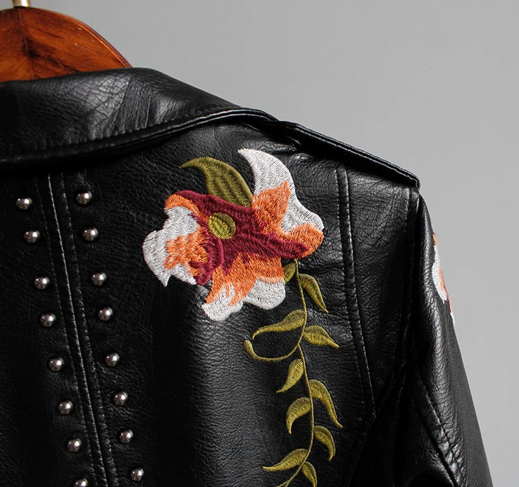 Drune | Bestickte Frauen Kunstleder Bikerjacke