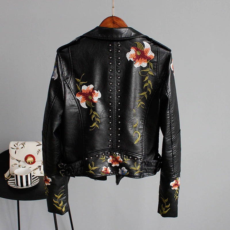 Drune | Bestickte Frauen Kunstleder Bikerjacke