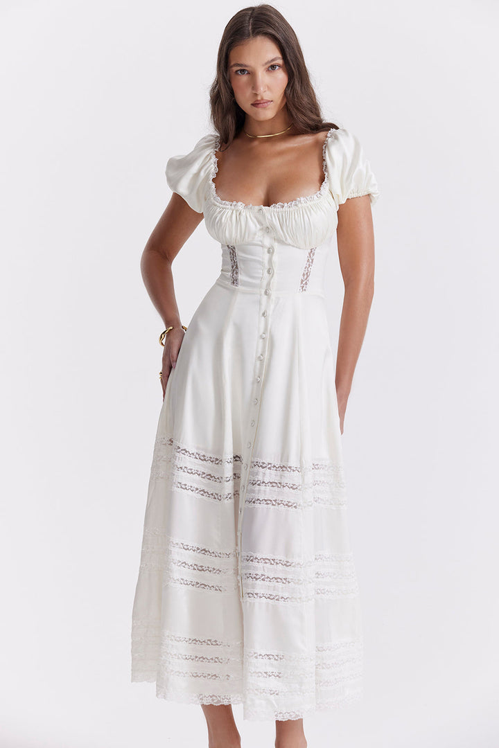 Drune | Elfenbeinfarbendes Kleid aus Echtem Seide mit Puffärmeln