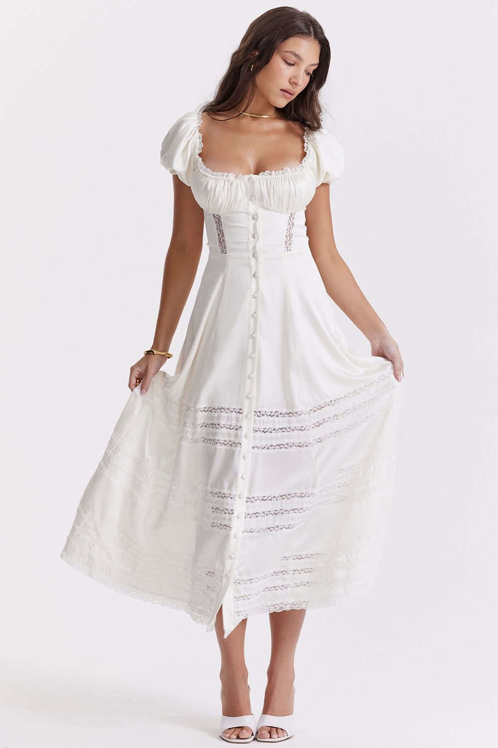 Drune | Elfenbeinfarbendes Kleid aus Echtem Seide mit Puffärmeln