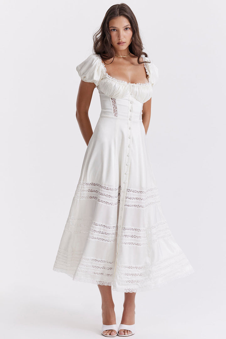 Drune | Elfenbeinfarbendes Kleid aus Echtem Seide mit Puffärmeln