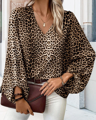 Drune | Stilvolles Leopardenprint-Top mit V-Ausschnitt und Laternenärmeln