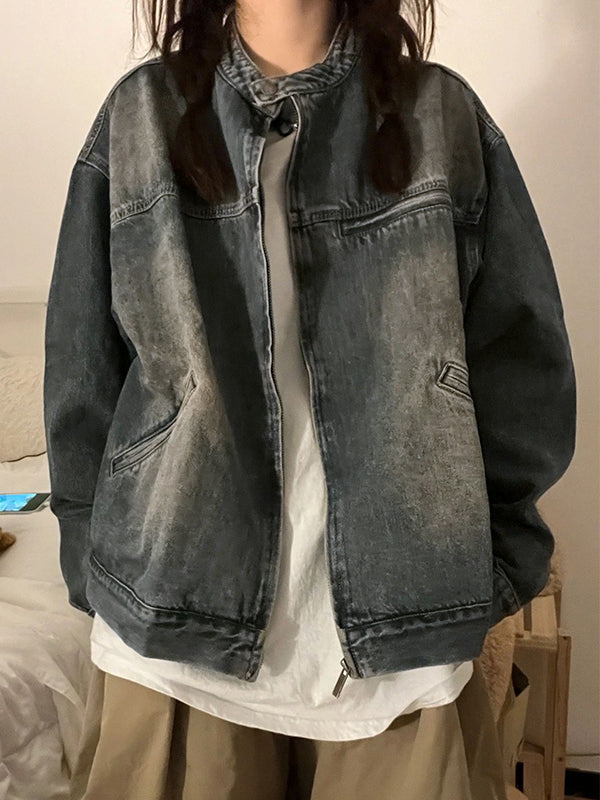 Drune | Blau Verwitterte Jacke mit Reißverschluss