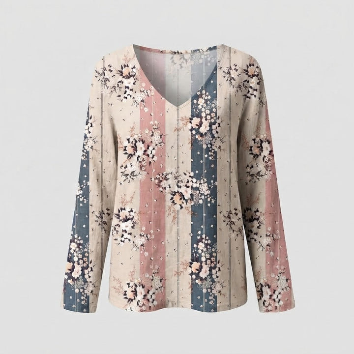 Damen Casual Leinenoptik V-Ausschnitt Tunika mit Vintage Blumenornament Drune
