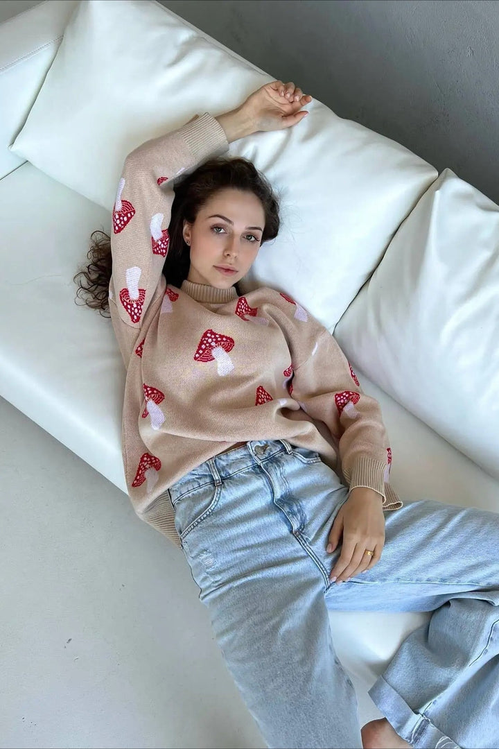 Drune | Cozy mushroom jacquard knit sweater
