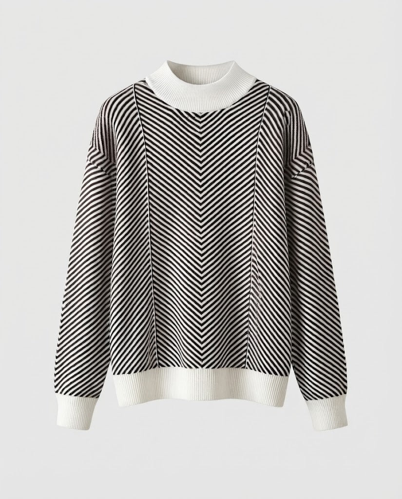 Damen Feinstrick-Pullover mit Chevron-Streifen und leichtem Mockneck Drune