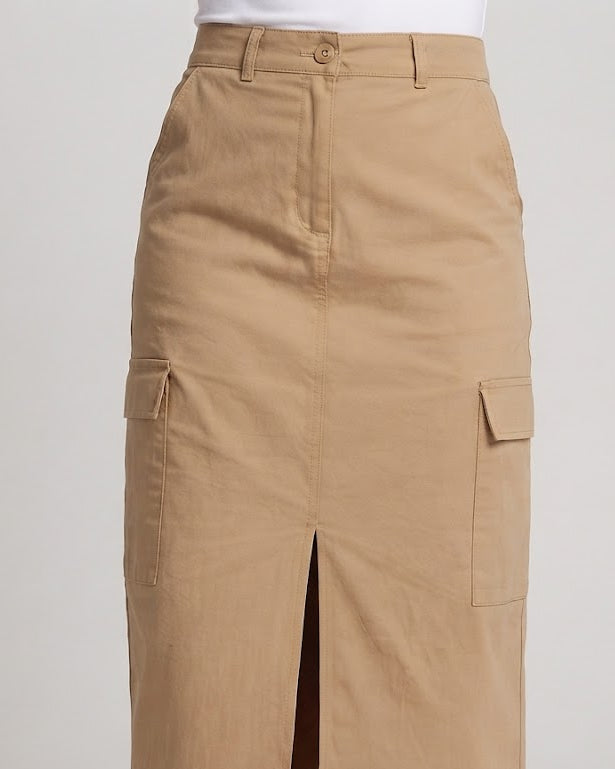 Damen Hochtaillierter Cargo‑Midirock mit Frontschlitz und Aufgesetzten Taschen Drune